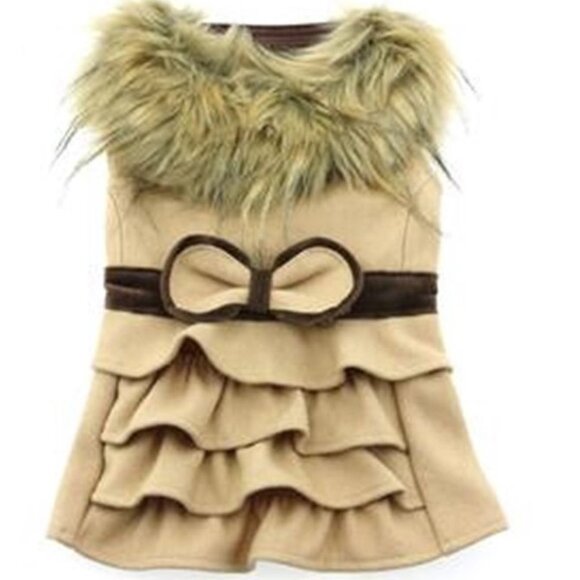 Stylish Wool Fur-Trimmed Camel Dog Harness Coat - Picture 2 of 4